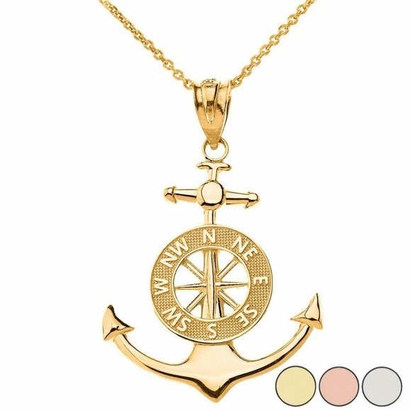 14k Real Gold Mariner's Anchor Compass Pendant